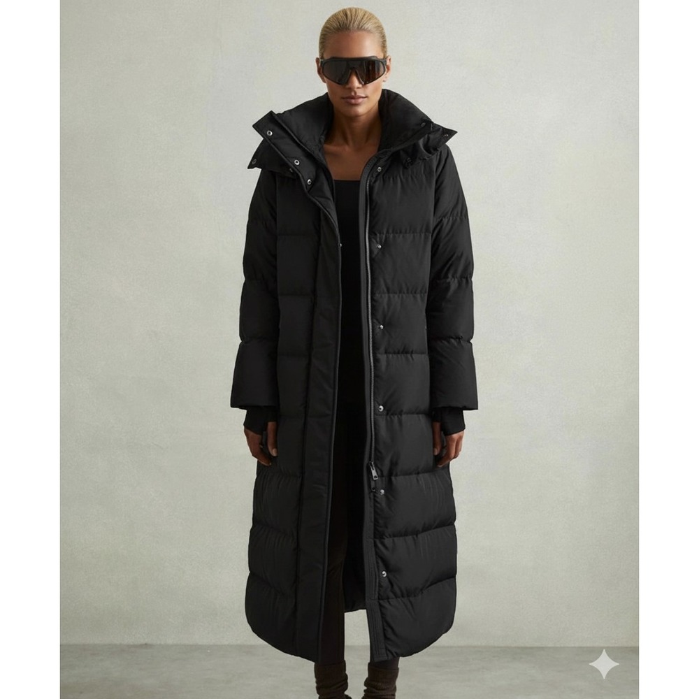 New Reiss Dalby Longline Hooded Puffer Coat L Flaw Black Down Alternative Long